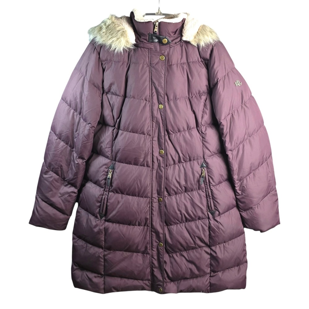 Lauren Ralph Lauren Puffer Coat Purple Faux Fur Trim Hood Down Fill XL Hc37